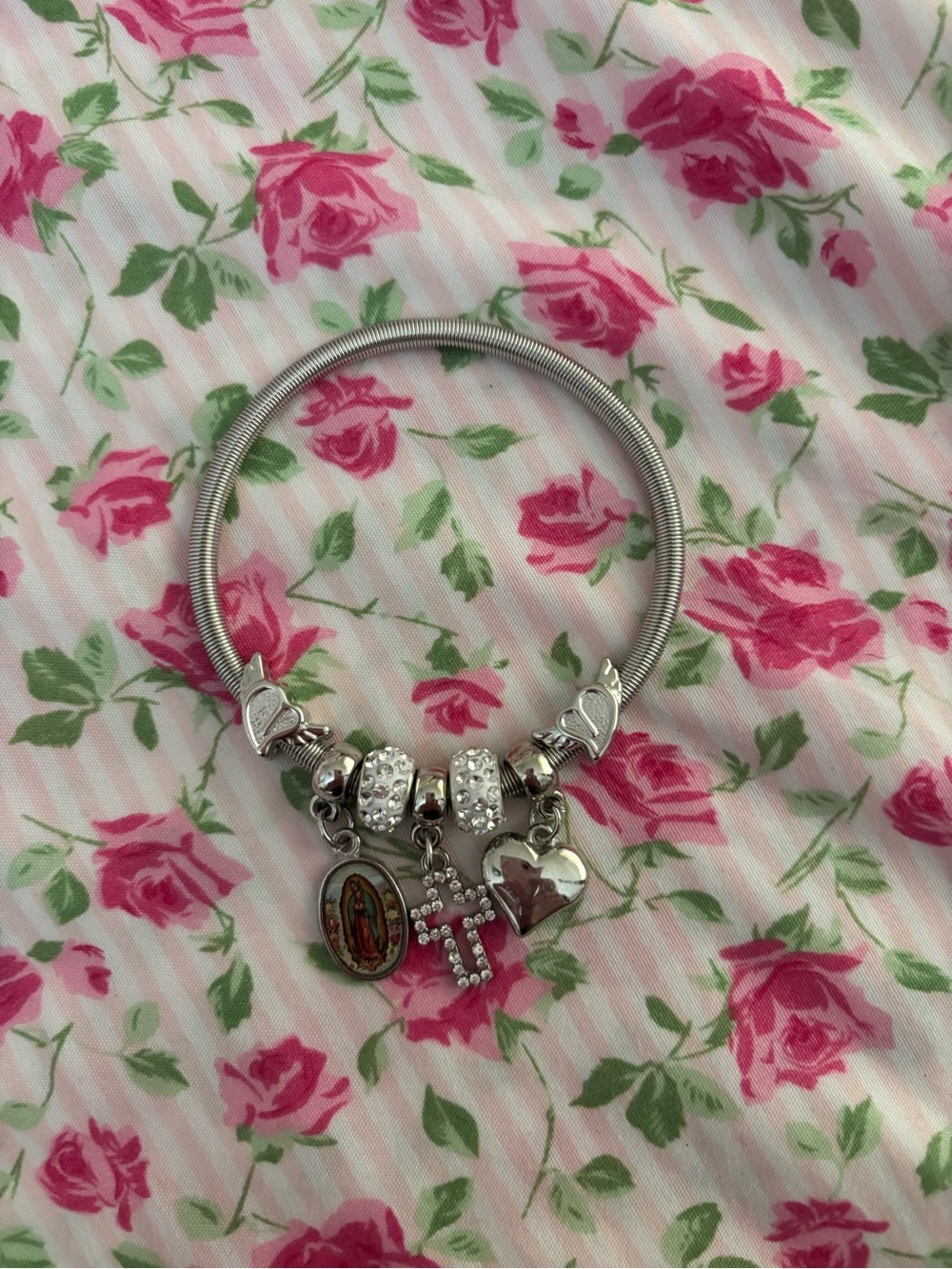 Silver Heart & Cross Charm Bracelet with Virgin Mary - Silver